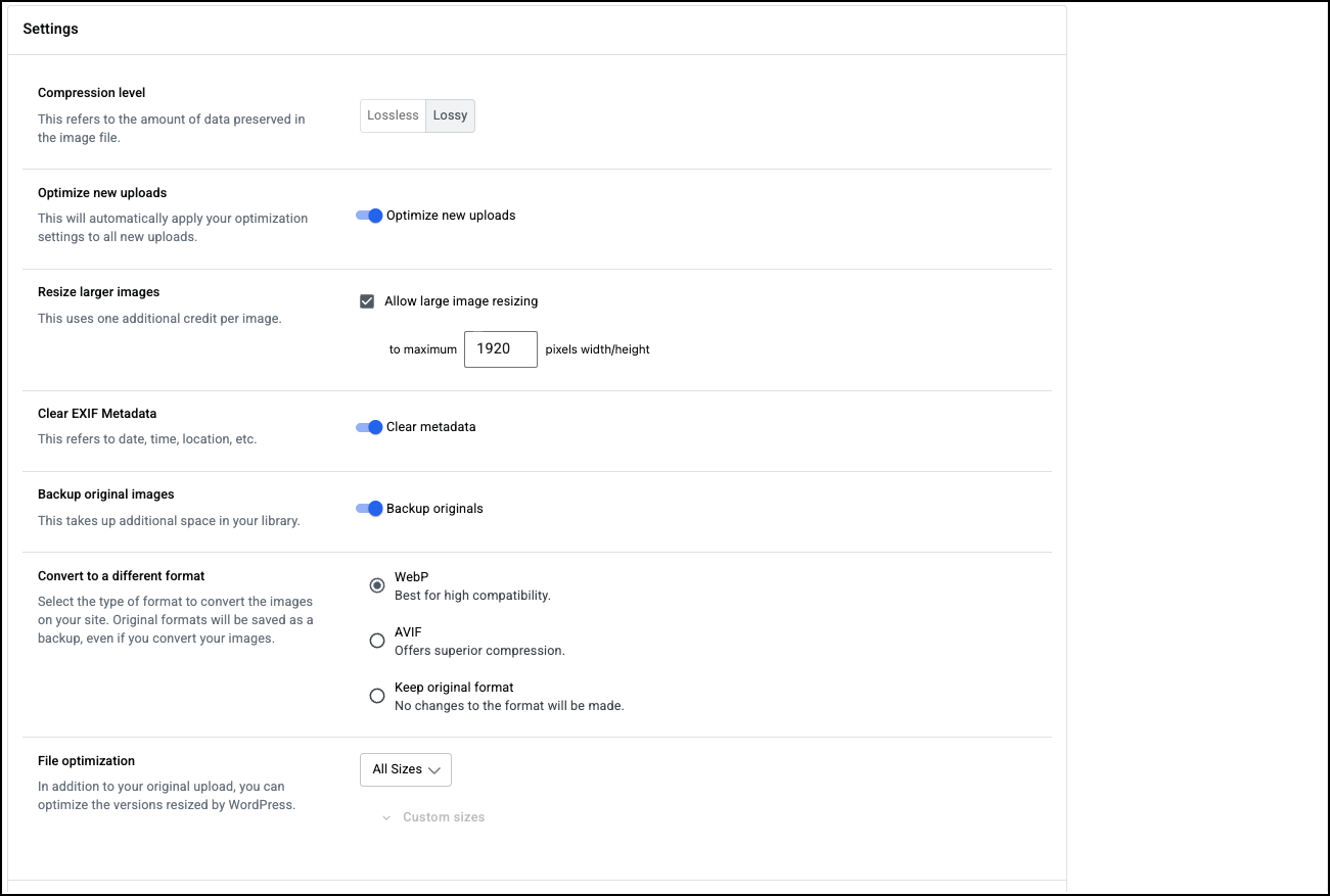 The Image Optimization main settings