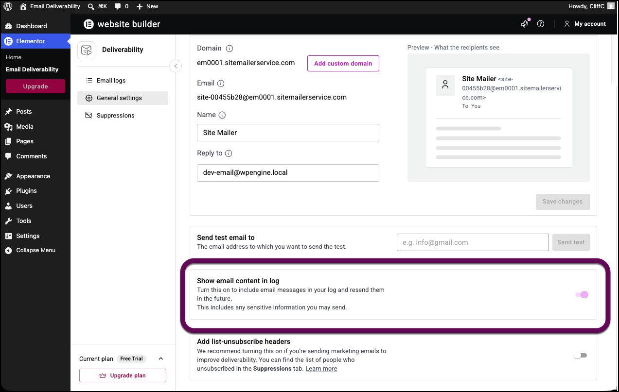The show email content in blog toggle