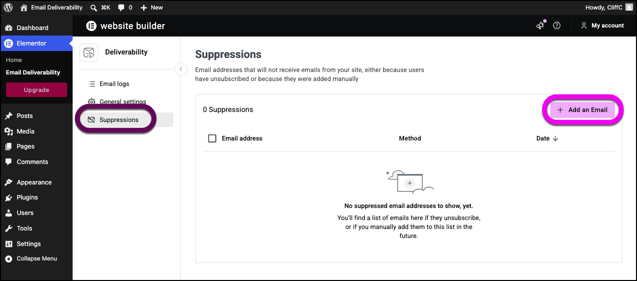 The Suppressions tab and the add email button are highlighted