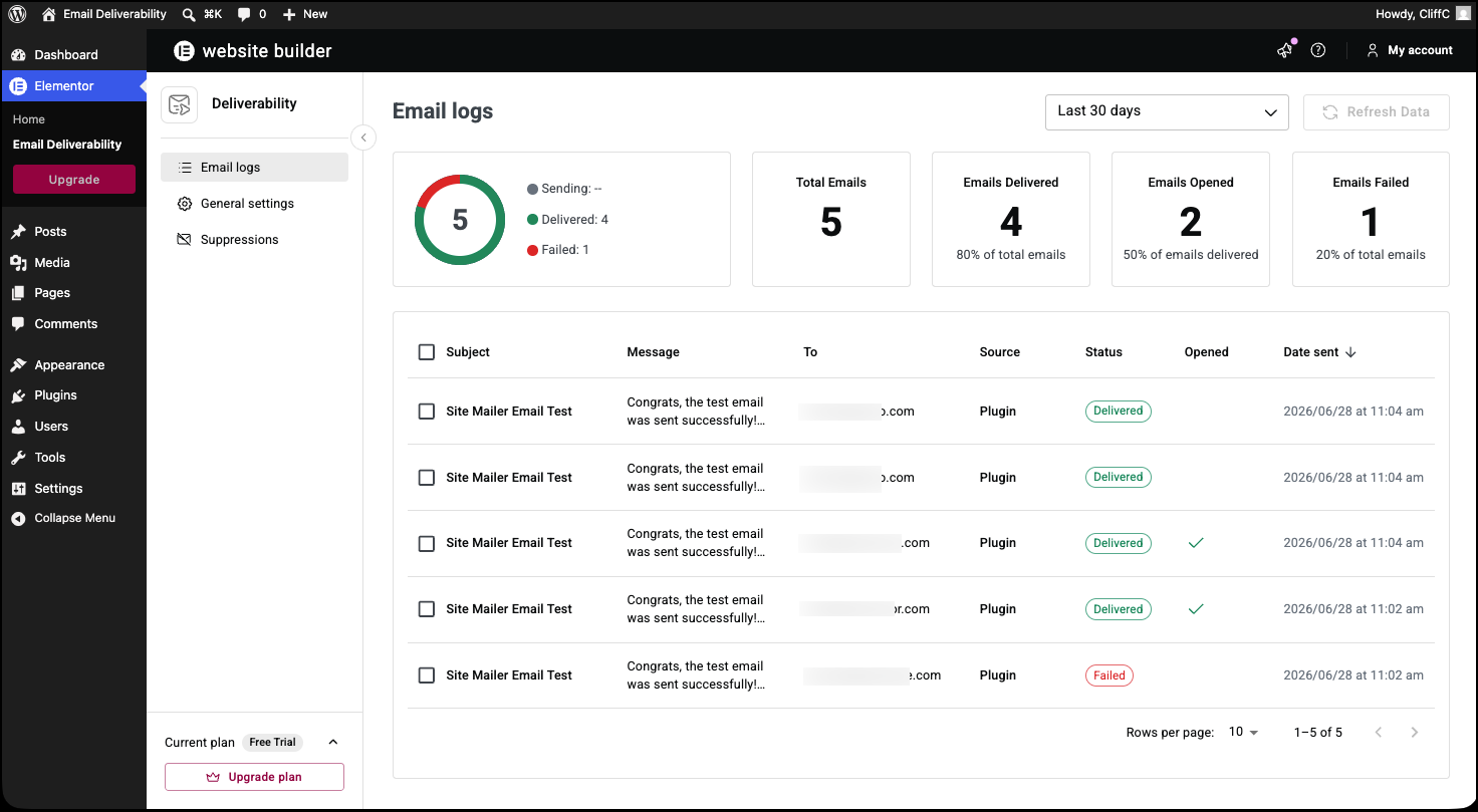Email Deliverability email logs