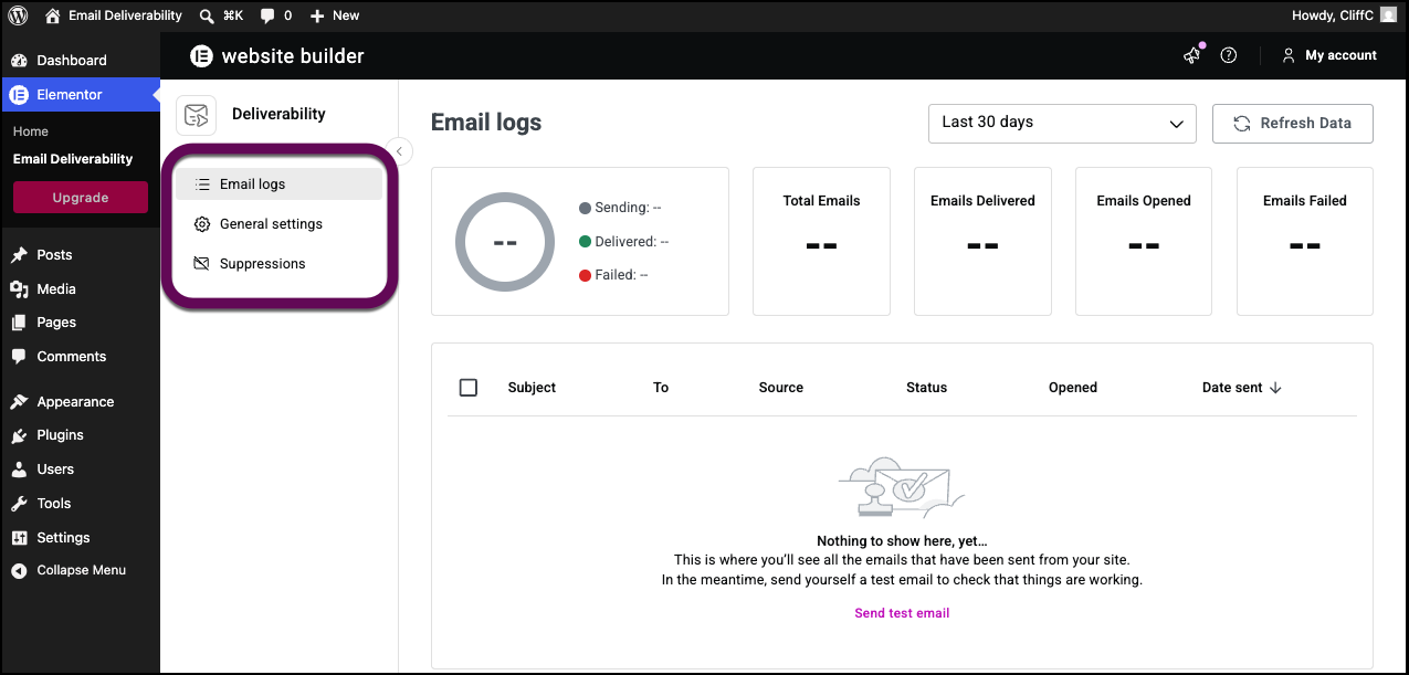 The three Email Deliverability tabs