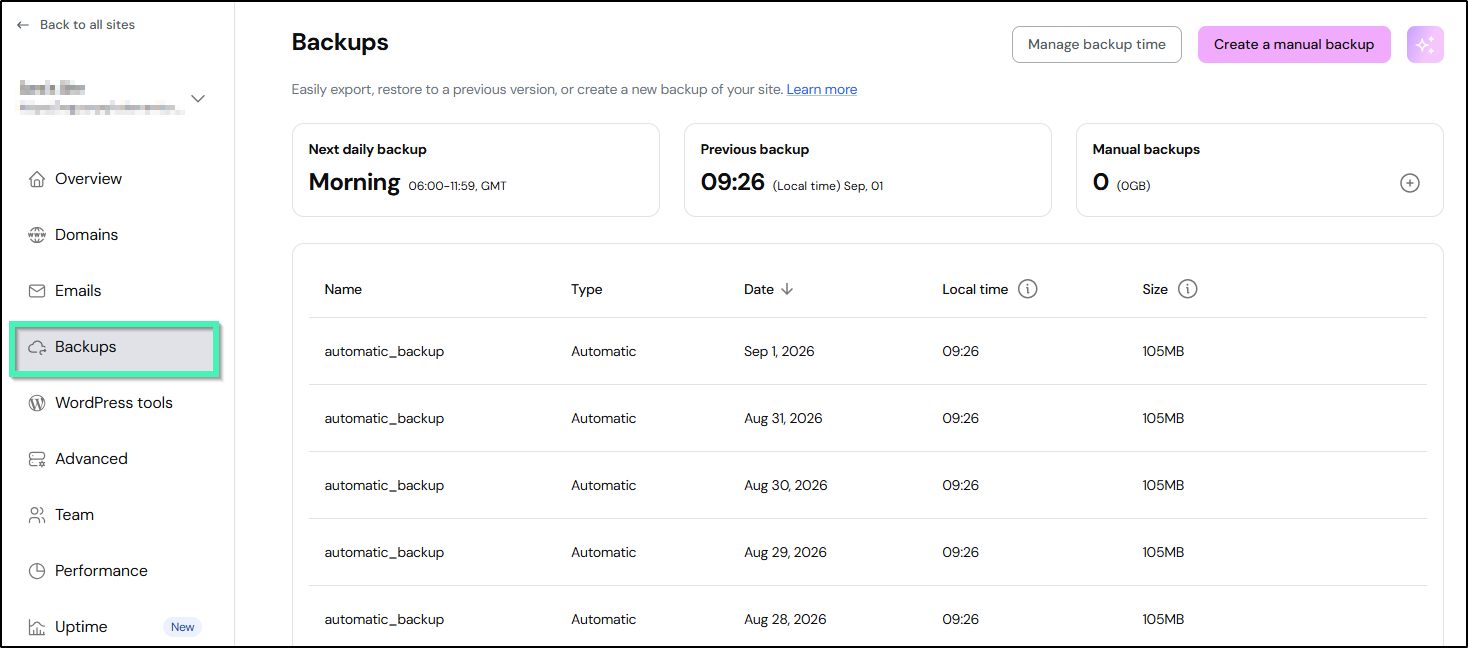 Dashboard showing Backups tab