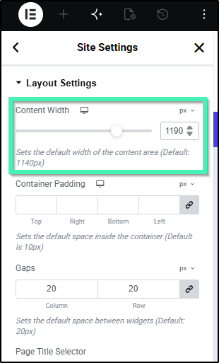 Elementor Editor Site Settings Layout panel showing Content Width modified to 1190 pixels
