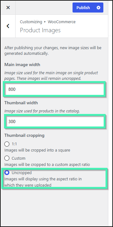 product images settings inside appearance customize