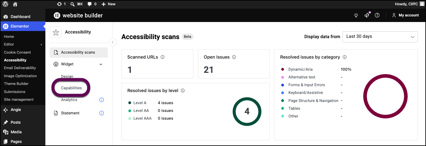 The button to open the capabilities options.