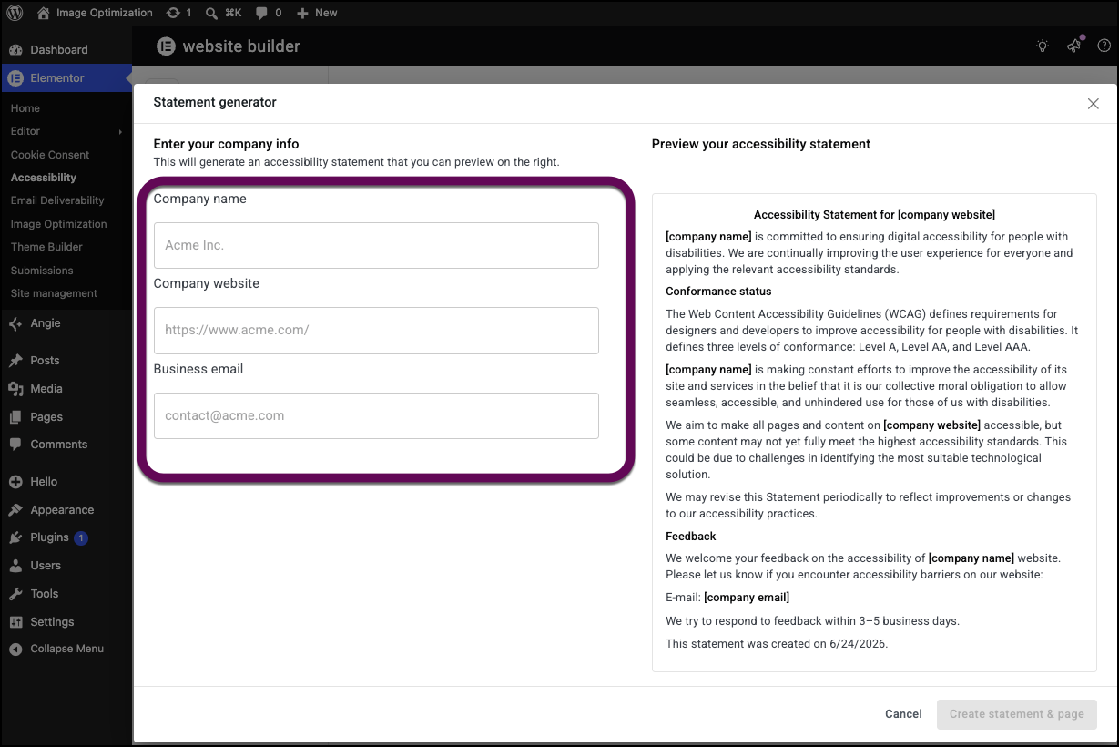The text boxes used to fill in the website owner's info