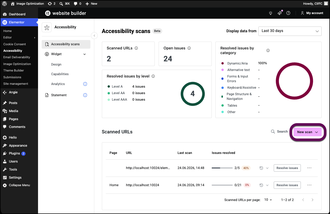 The Audit dashboard after the initial scan