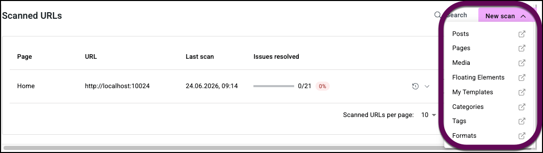 The scan menu