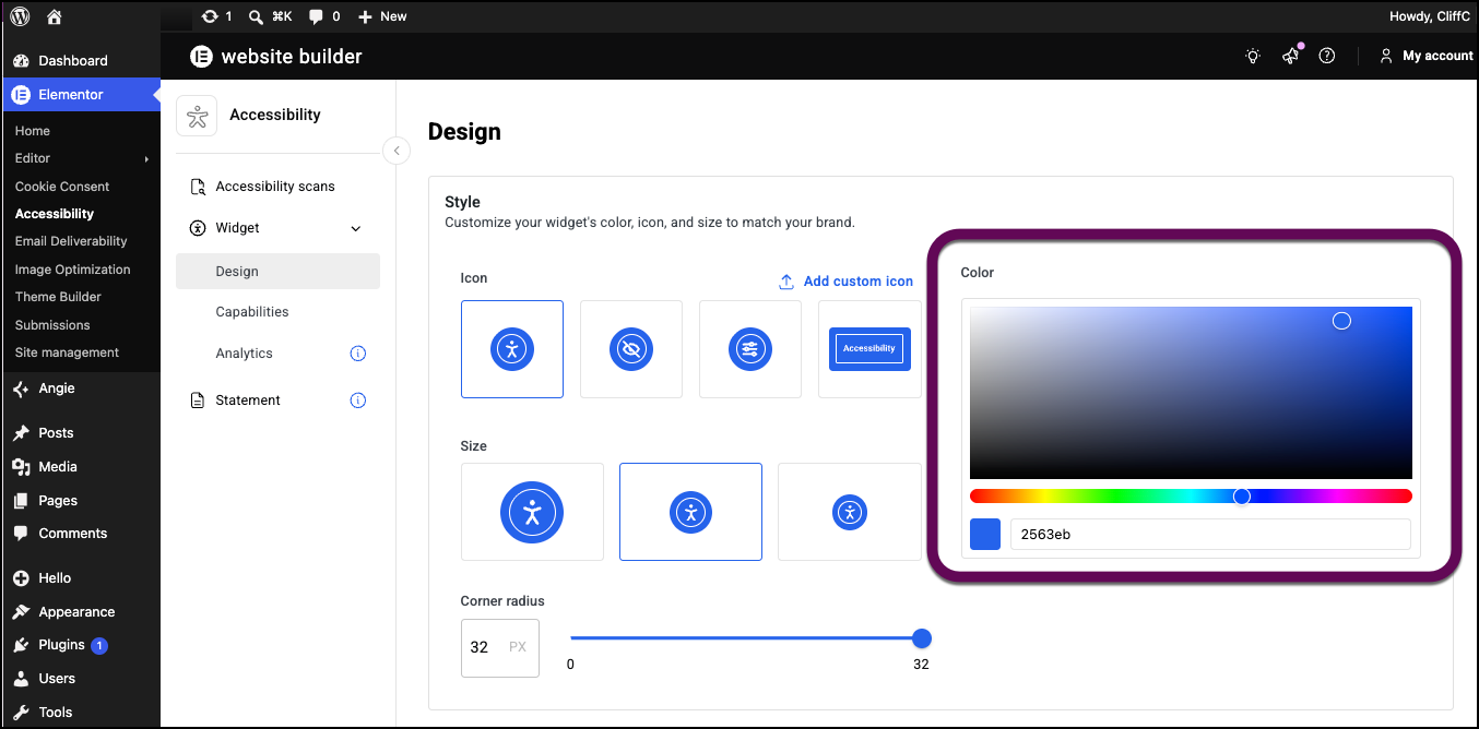 The color picker for the accessibility widget.
