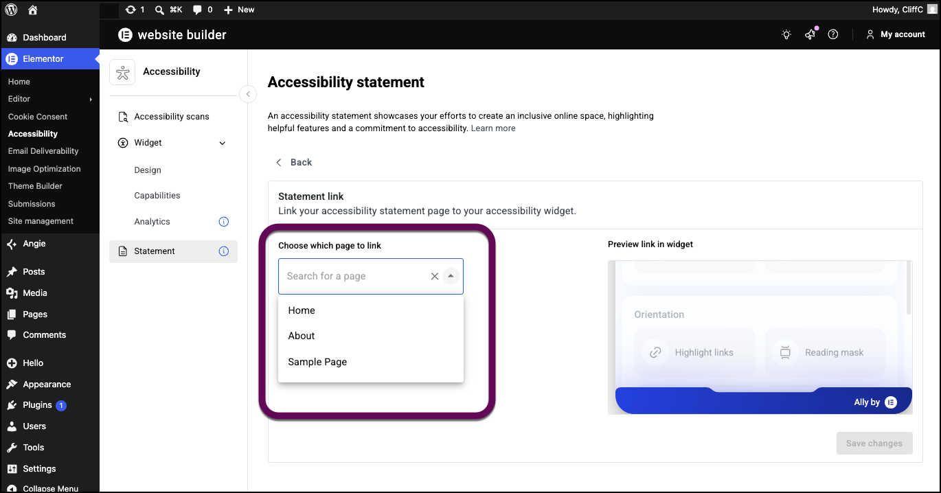 Use the dropdown menu to choose a page for the accessibility statement