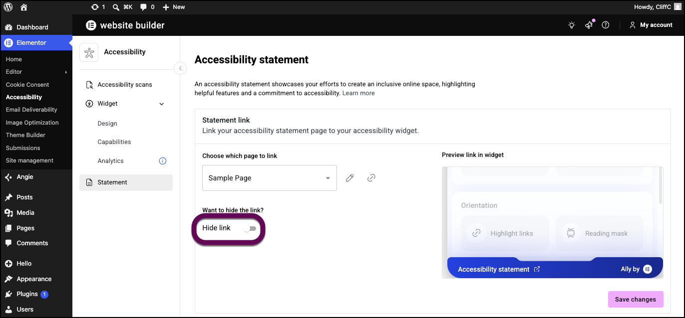 The Hide link toggle