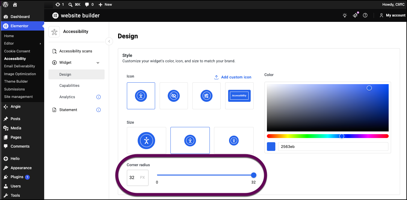 The slider used to adjust the corner radius of the accessibility widget