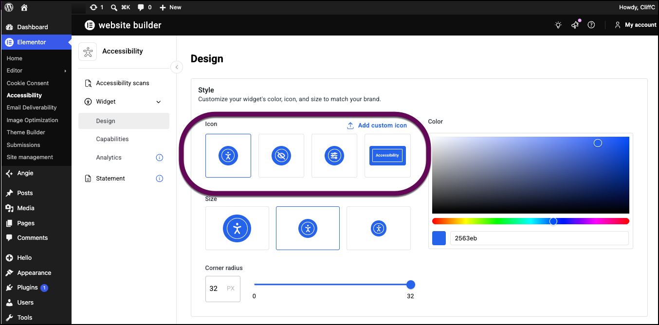 The selection of icons you can use to open the accessibility widget.