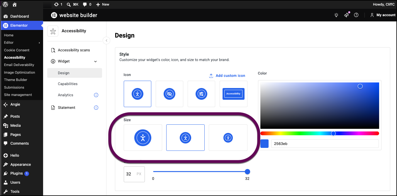 The selection of sizes you can use for the accessibility widget