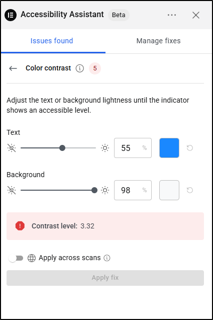 ally settings showing color contrast issue