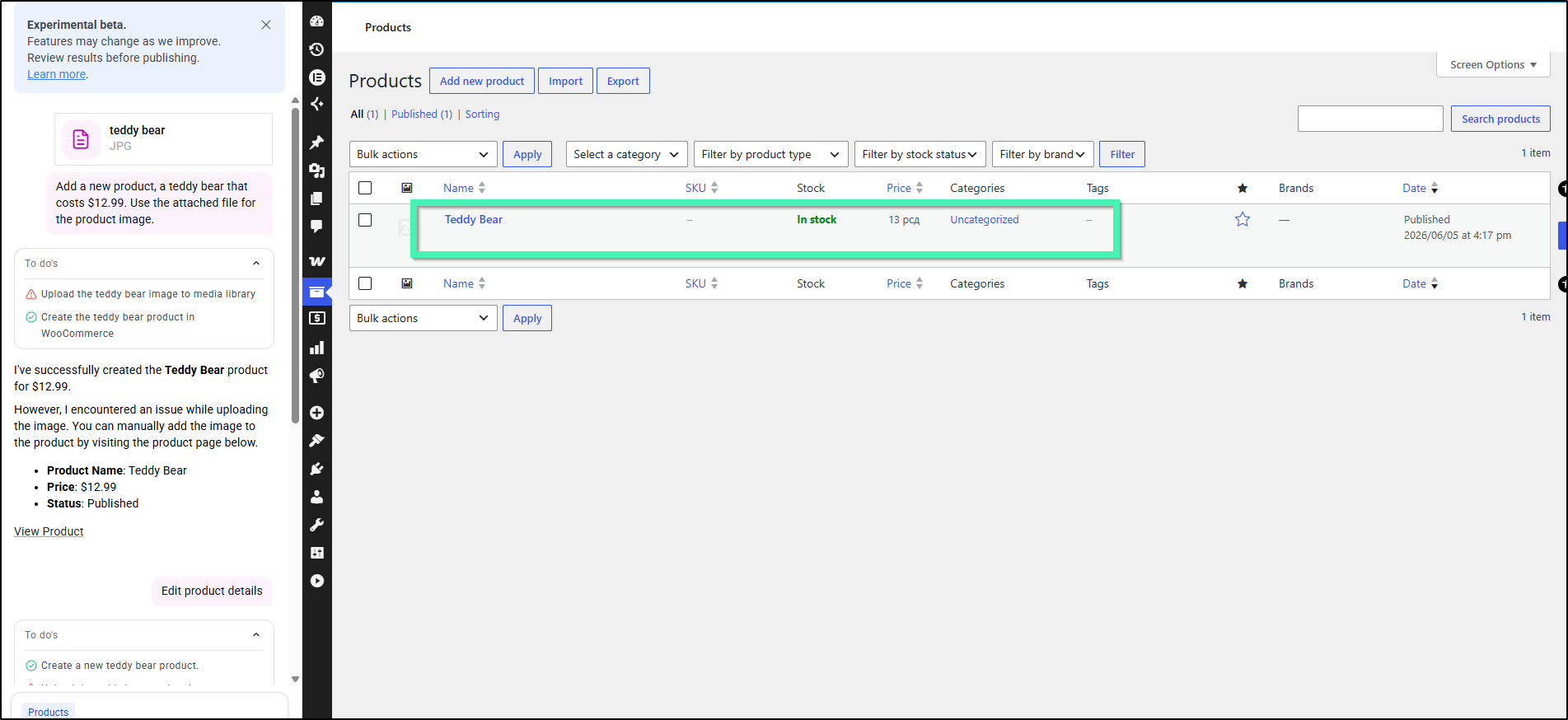 product dashboard
