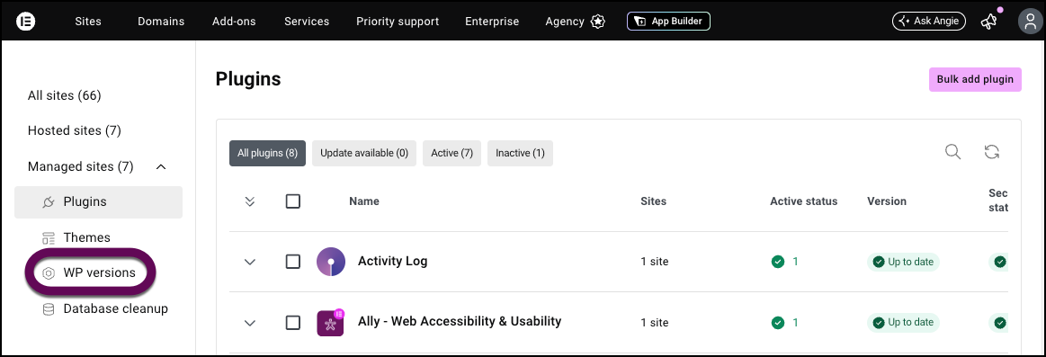 Click WP versions to update the WordPress version  your site uses