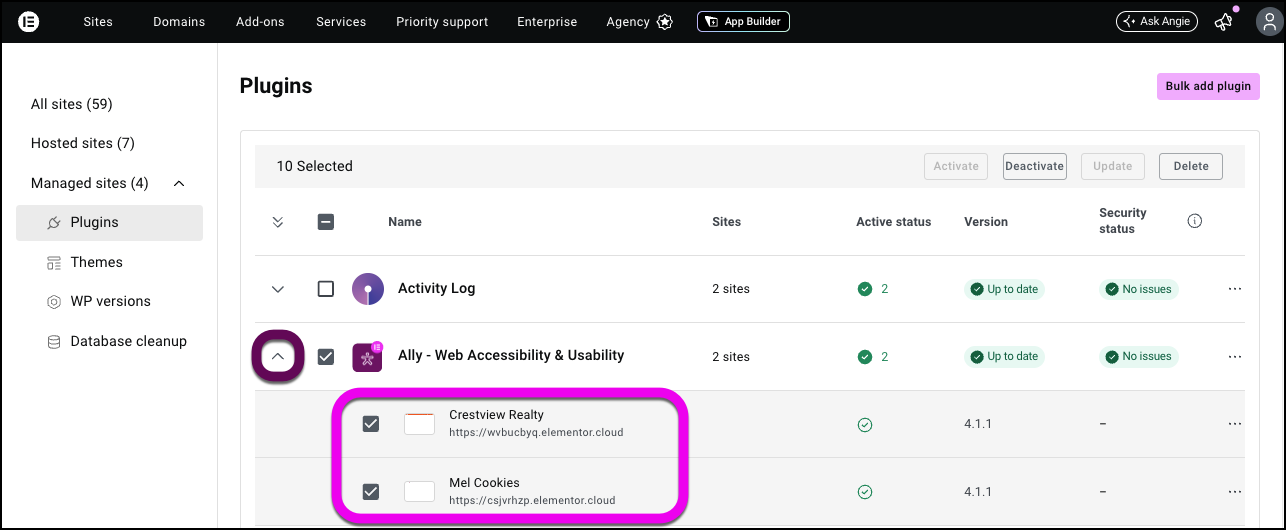 Click the arrow next to the plugin to see the sites that use it