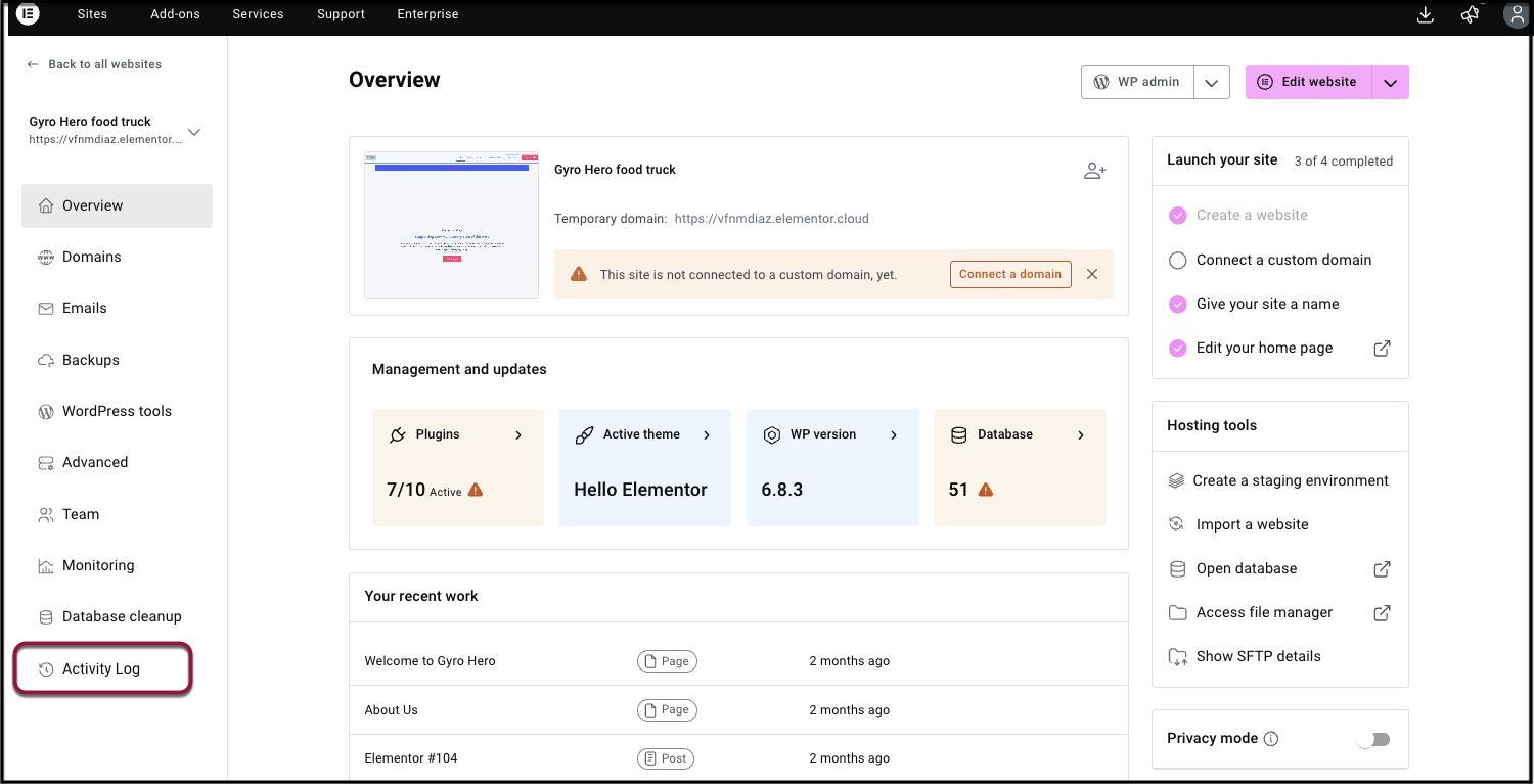The Activity log button