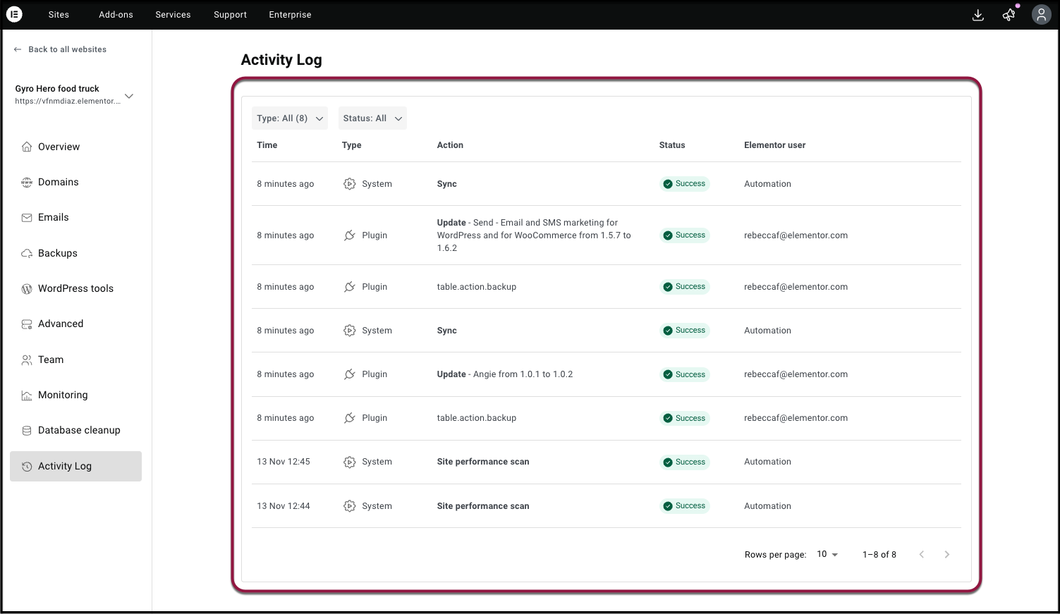 The Activity Log interface displaying a table with columns for Time, Type, Action, Status, and Elementor User, highlighting "Success" badges and "Automation" labels.