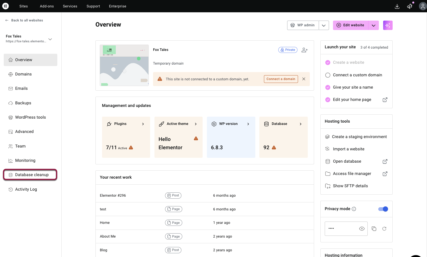 Managed Site Overview showing the 'Database cleanup' link in the sidebar menu and the 'Requires optimization' warning badges.