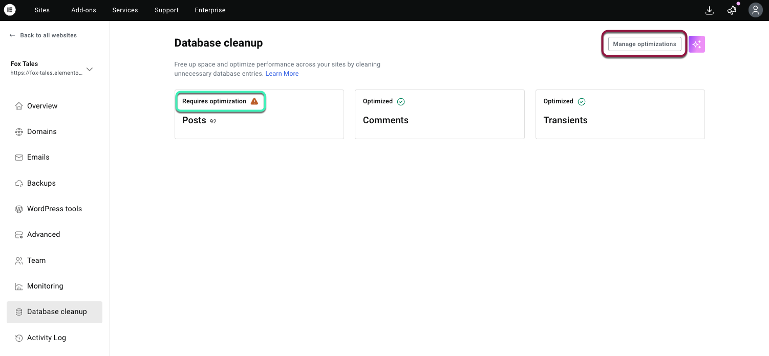 Click manage optimization to control the process
