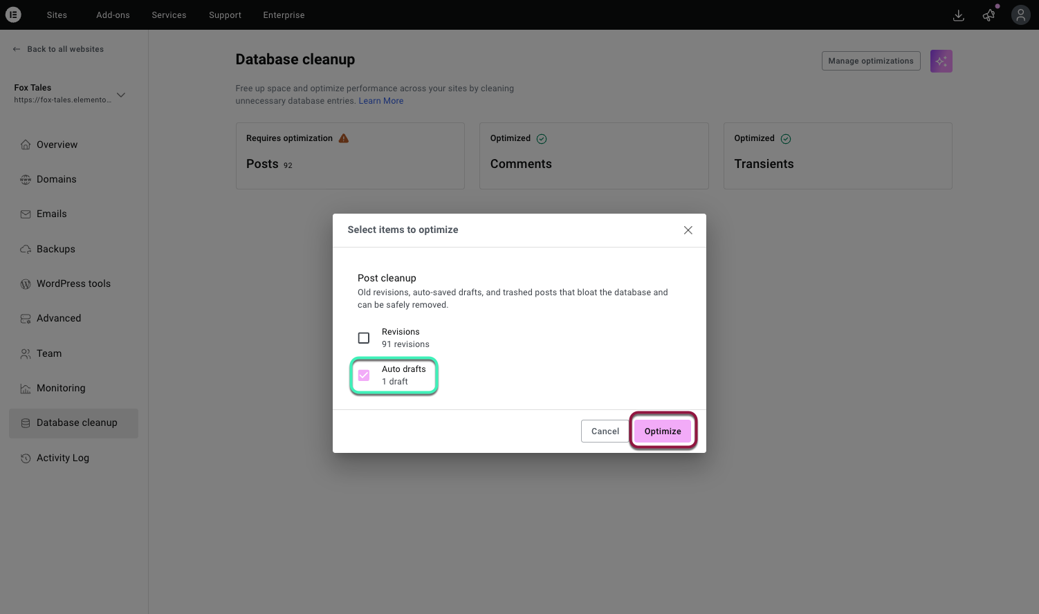 The Optimize button starts the process
