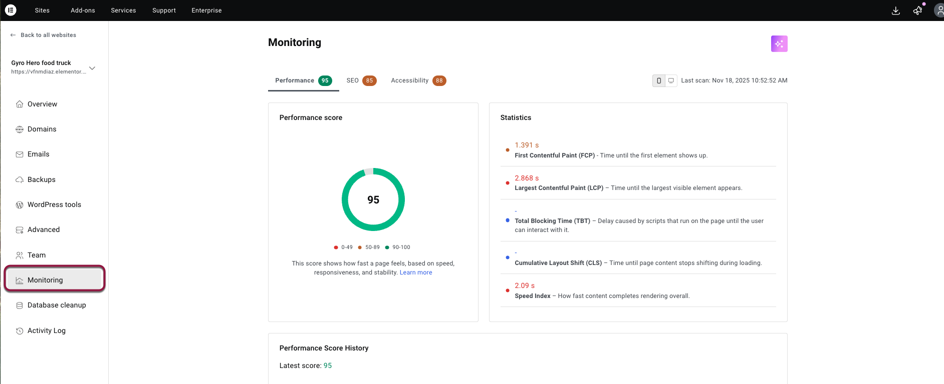 Click Monitoring to start monitoring the site