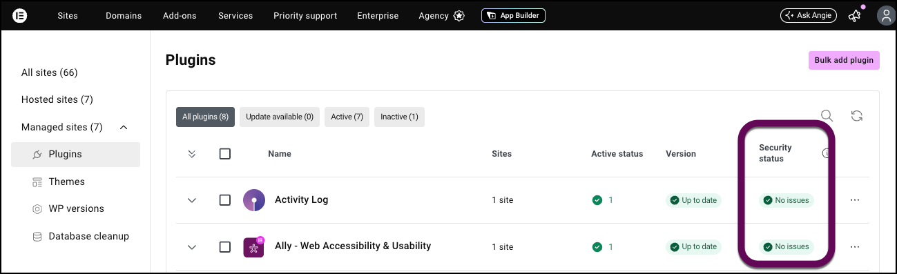 The Security column shows any security issues