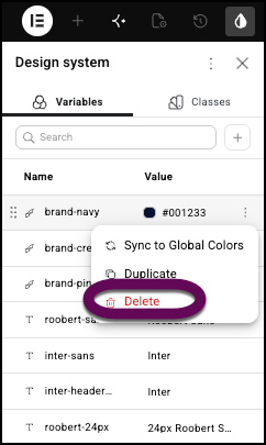 The Delete button to delete a variable