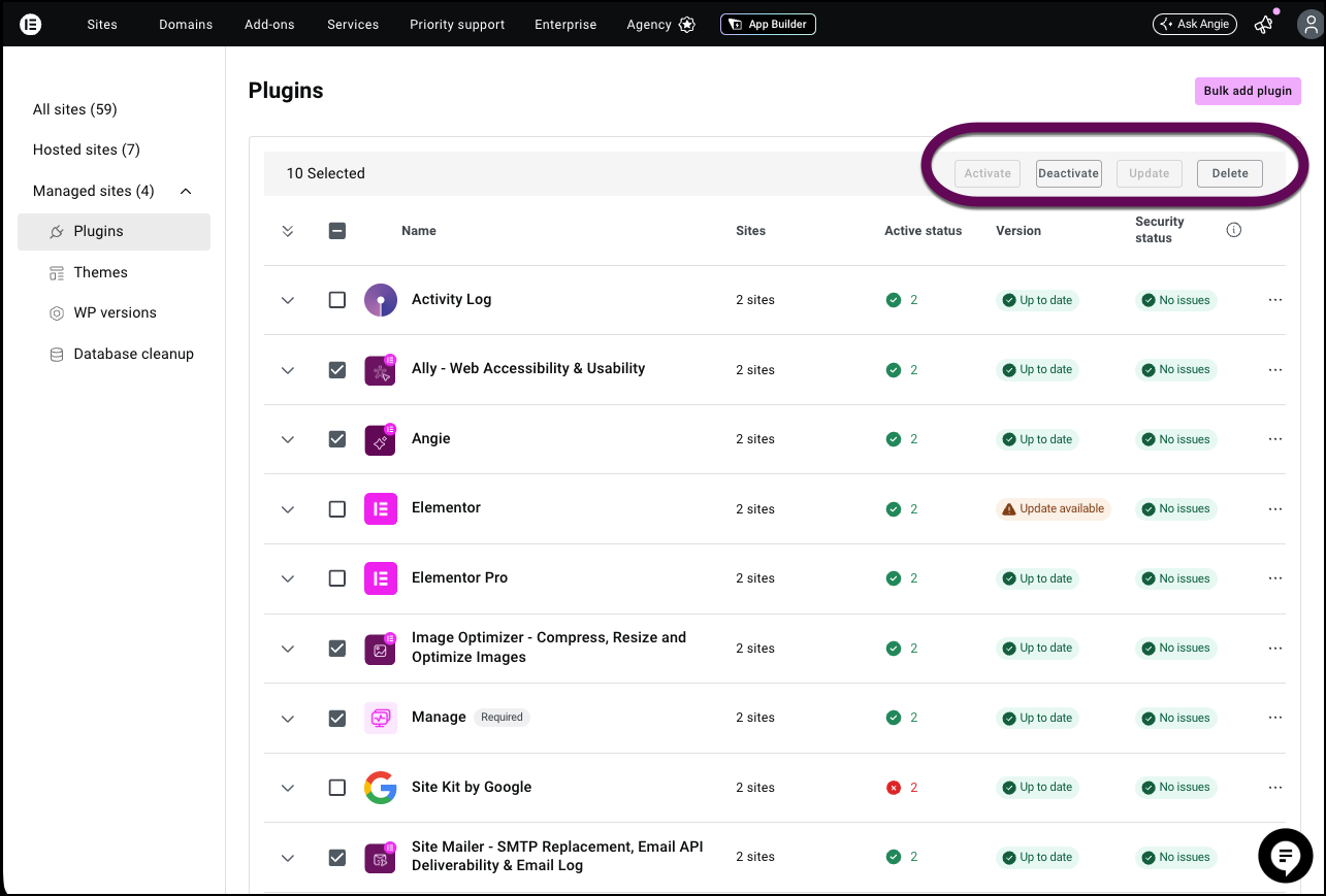 The actions you can take with the selected plugins
