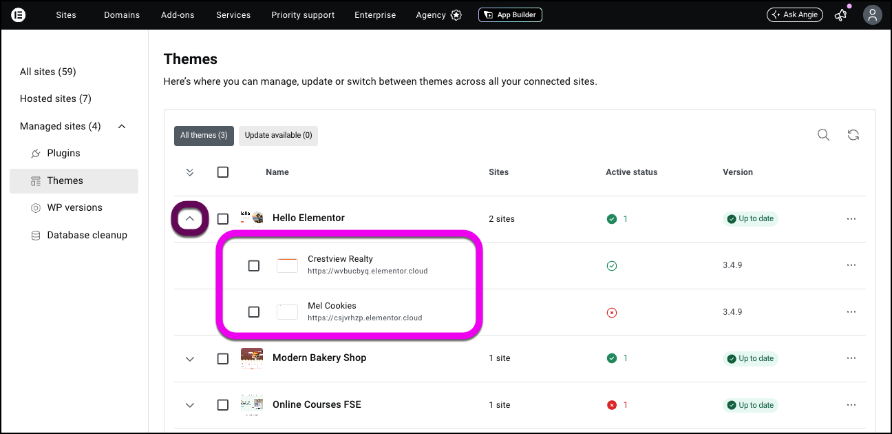 Click the arrow to access the sites use the theme