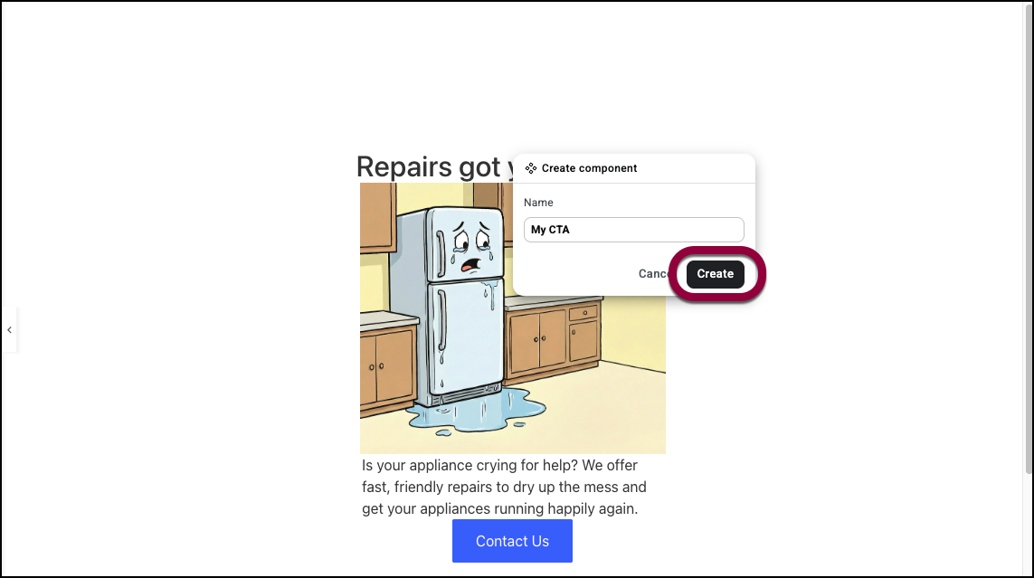 A user right-clicking a container in the Elementor Editor and selecting the Create component option