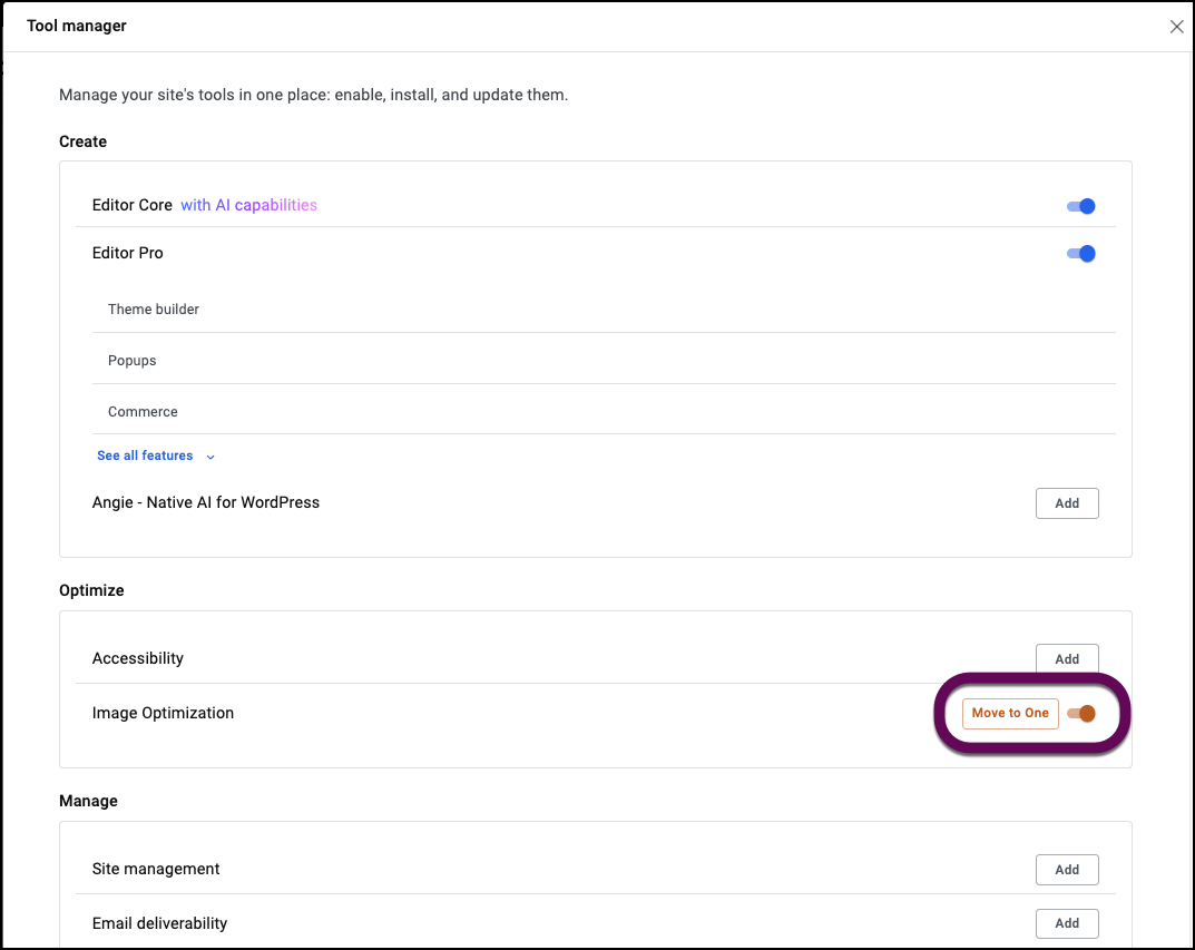 The Tool Manager with a Move to One button highlighted