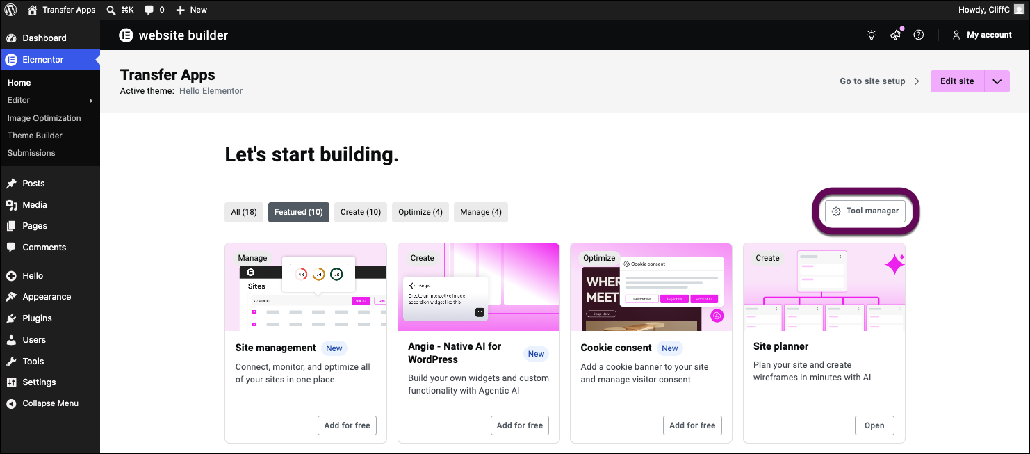 The Elementor home screen with Tool Manager highlighted
