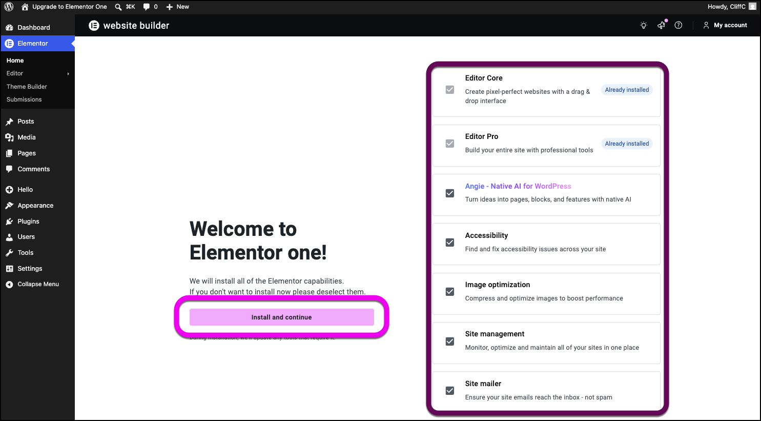 The checkmarks used to install Elementor apps and the Install and continue button.