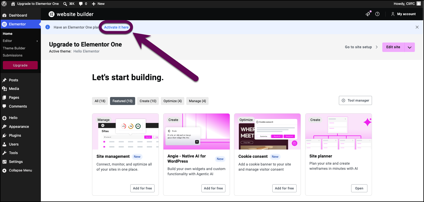The Activate it here button that installs Elementor One