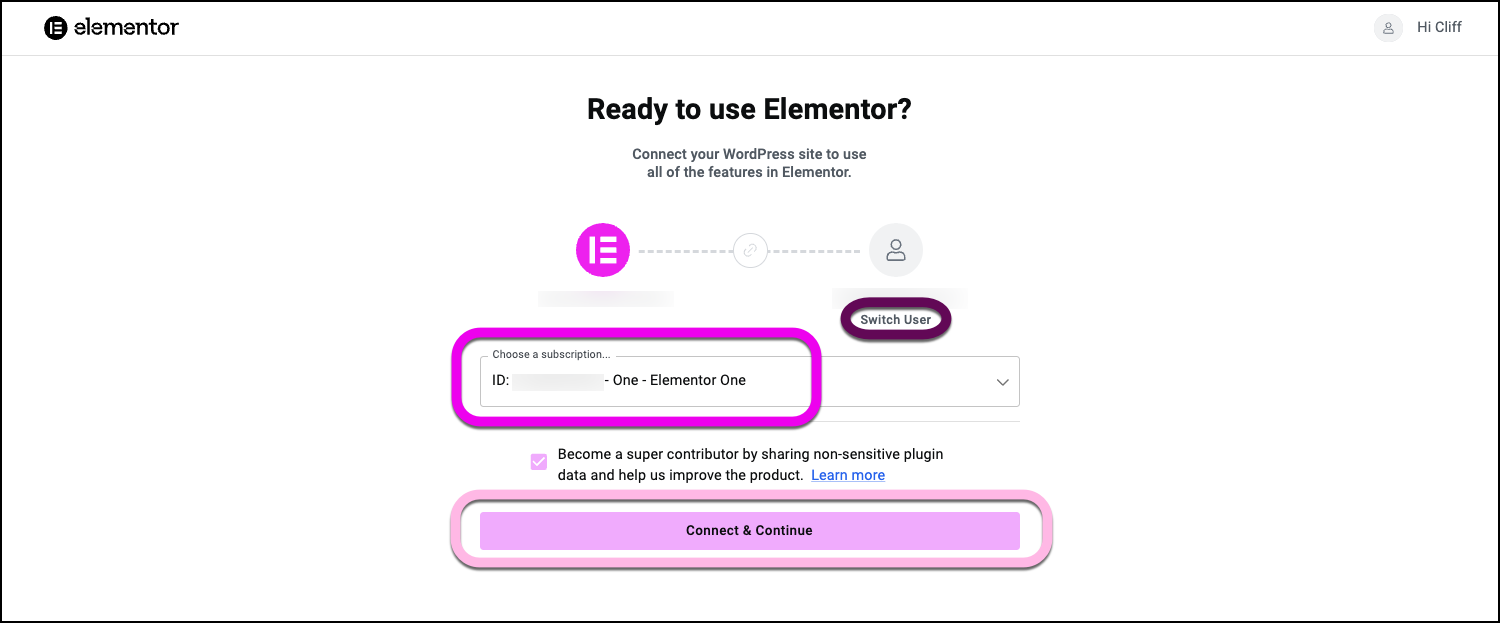 The activation screen with the link to switch users, the dropdown menu to choose a subscription and the Connect and continue buttons highlighted.