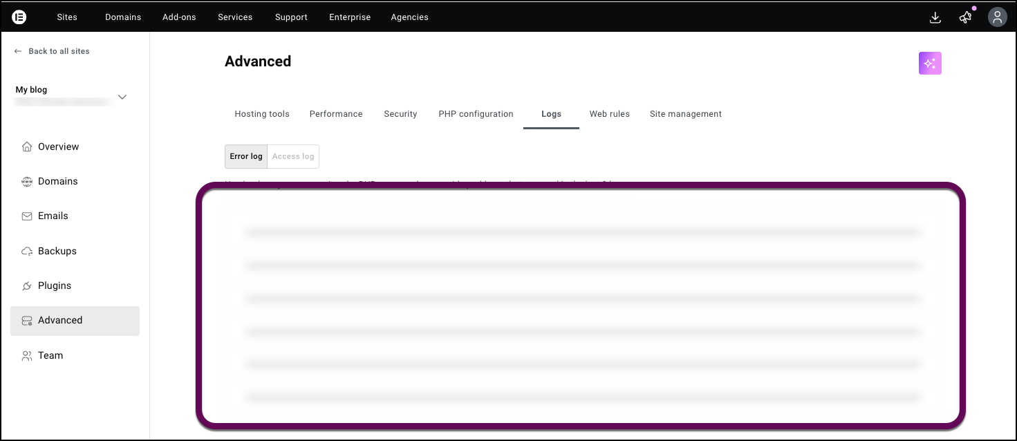 My Elementor → Advanced → Logs