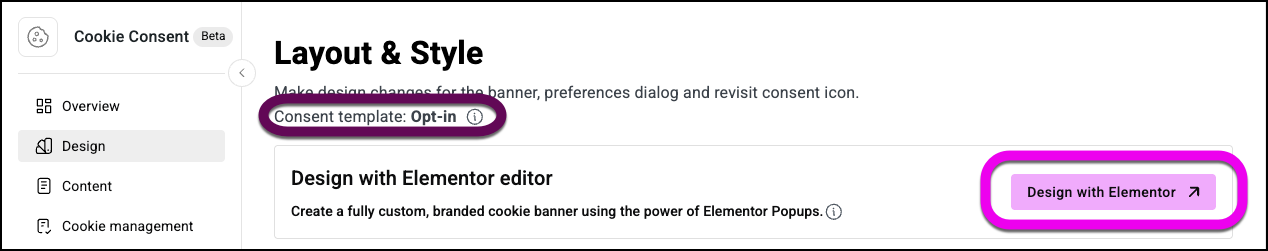 The Opt-in and Design with Elementor buttons