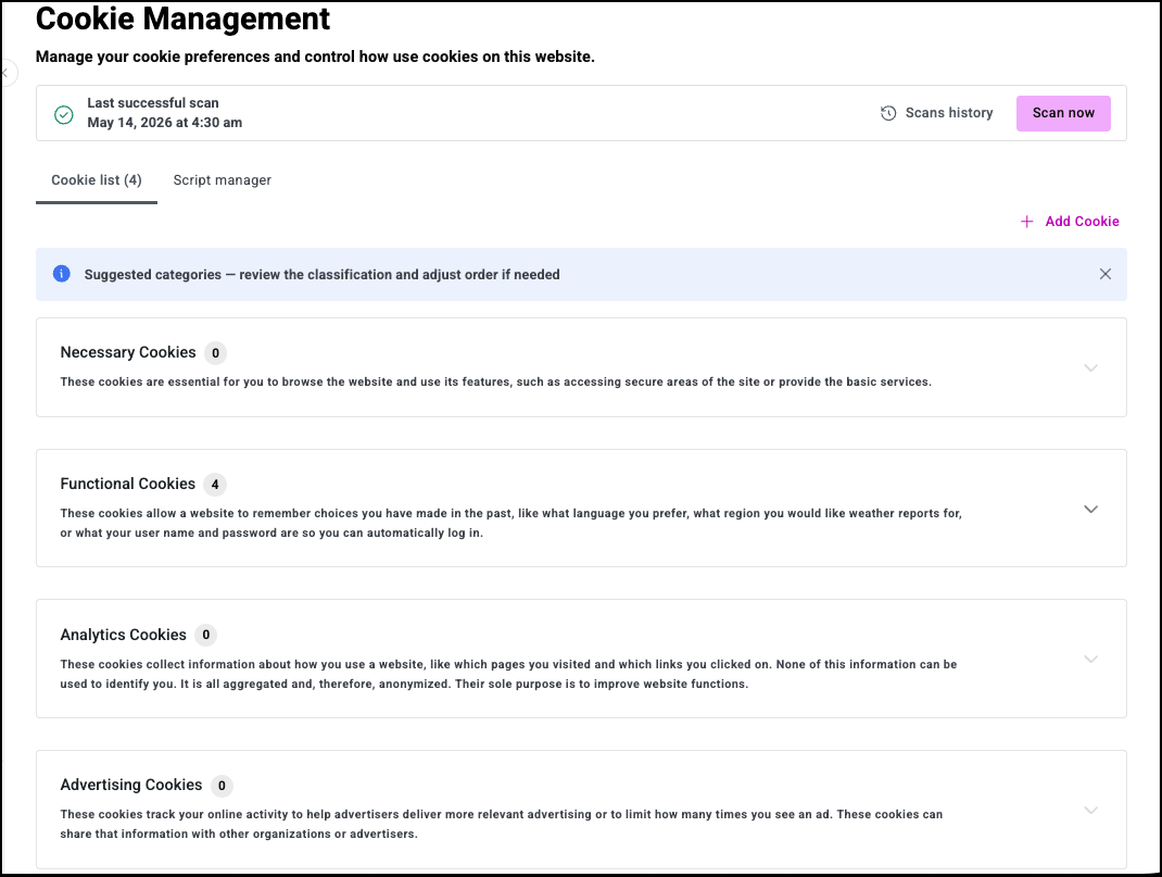 This Cookie Management section lets you scan and categorize cookies.