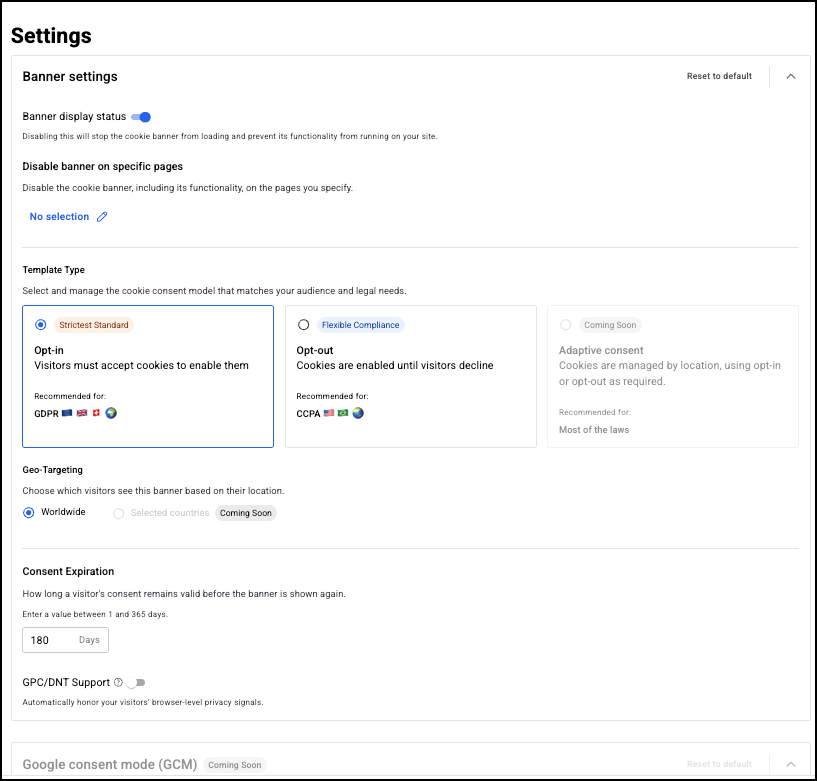 The settings section