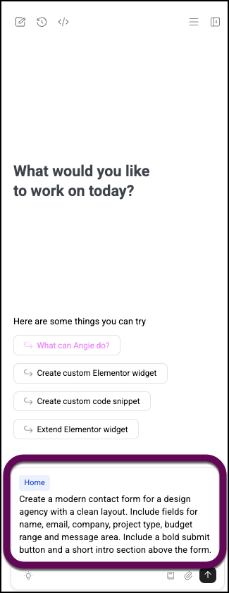 The prompt to construct a form with Angie AI