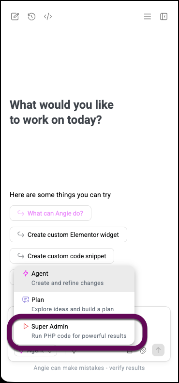 The mode selector dropdown menu