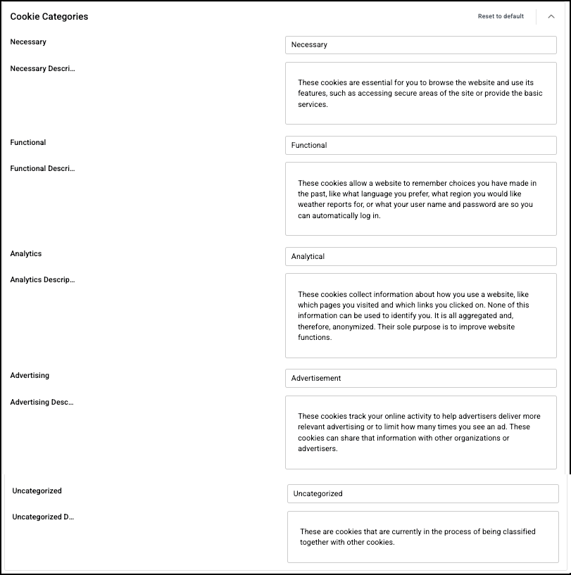 This is the section for the text associated with the different categories of cookies.