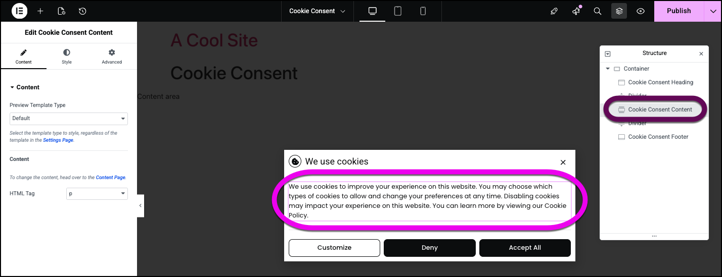 The Cookie Consent section