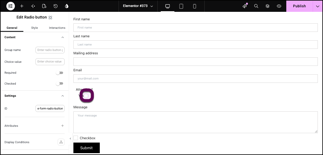 The first radio button added to the form.