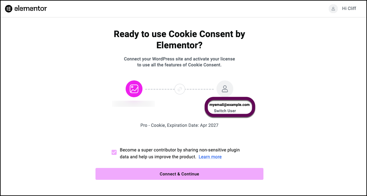 The screen to selext an Elementor account to link to