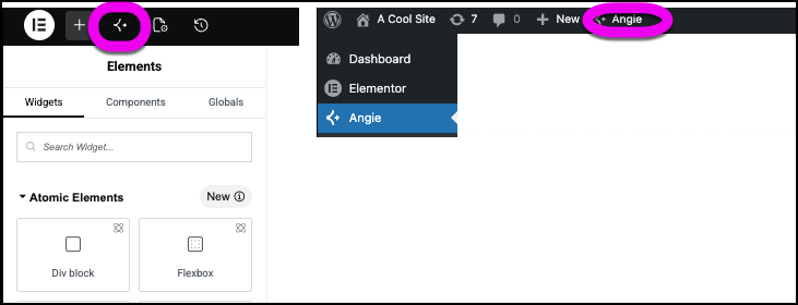 The Angie icon in the Elementor Editor and in WP Admin