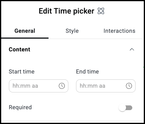 The Time picker General Content menu